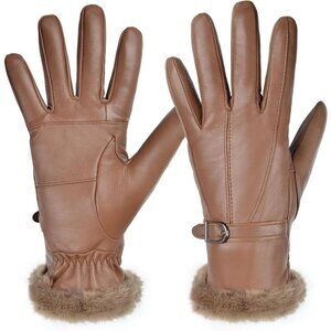 🆕Harssidanzar Women's Cognac Winter Warm Lined With Fur Cuff Leather Gloves